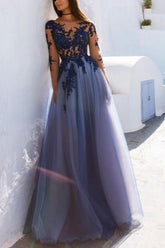 See Through Blue Lace Long Sleeve Open Back Long Evening Prom Dresses